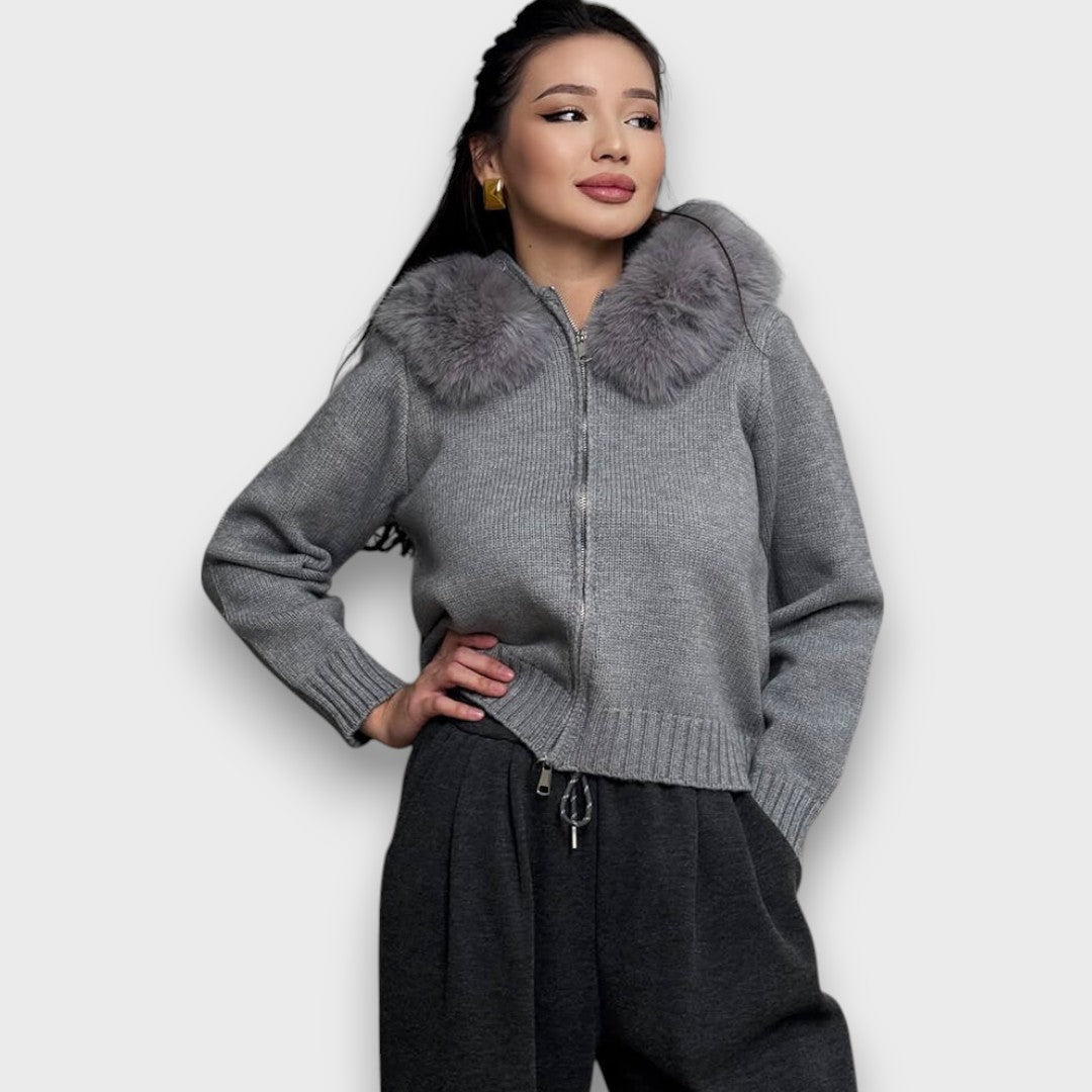 Alisanne – Giacca a maglia con zip e colletto in faux fur