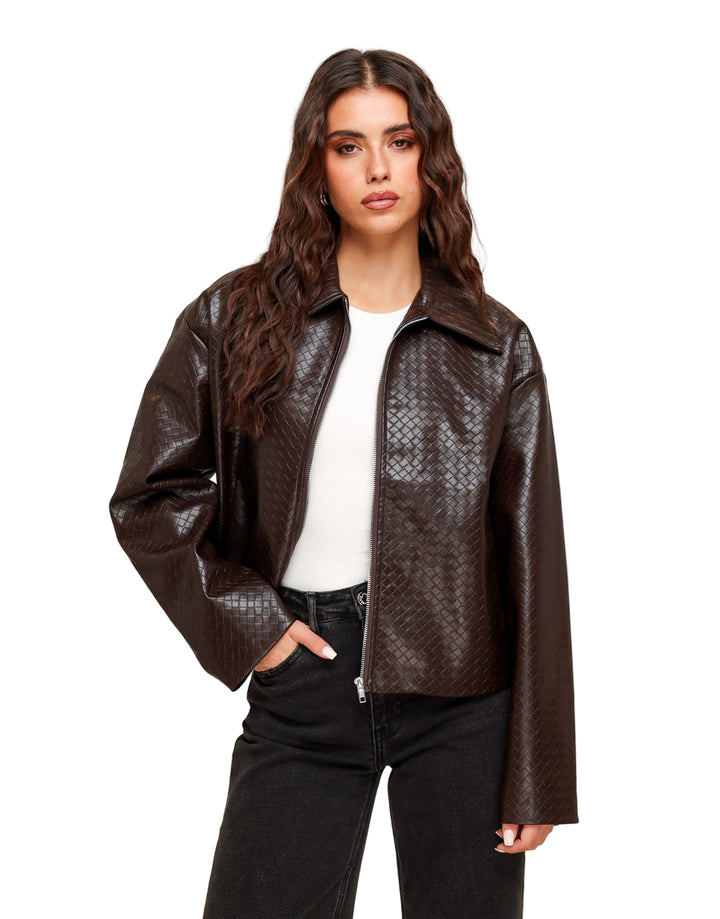 Clara - Giacca in Pelle PU con Motivo Marrone Scuro