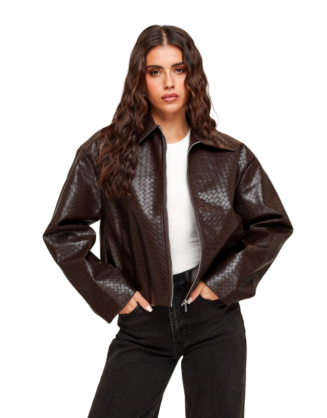 Clara - Giacca in Pelle PU con Motivo Marrone Scuro