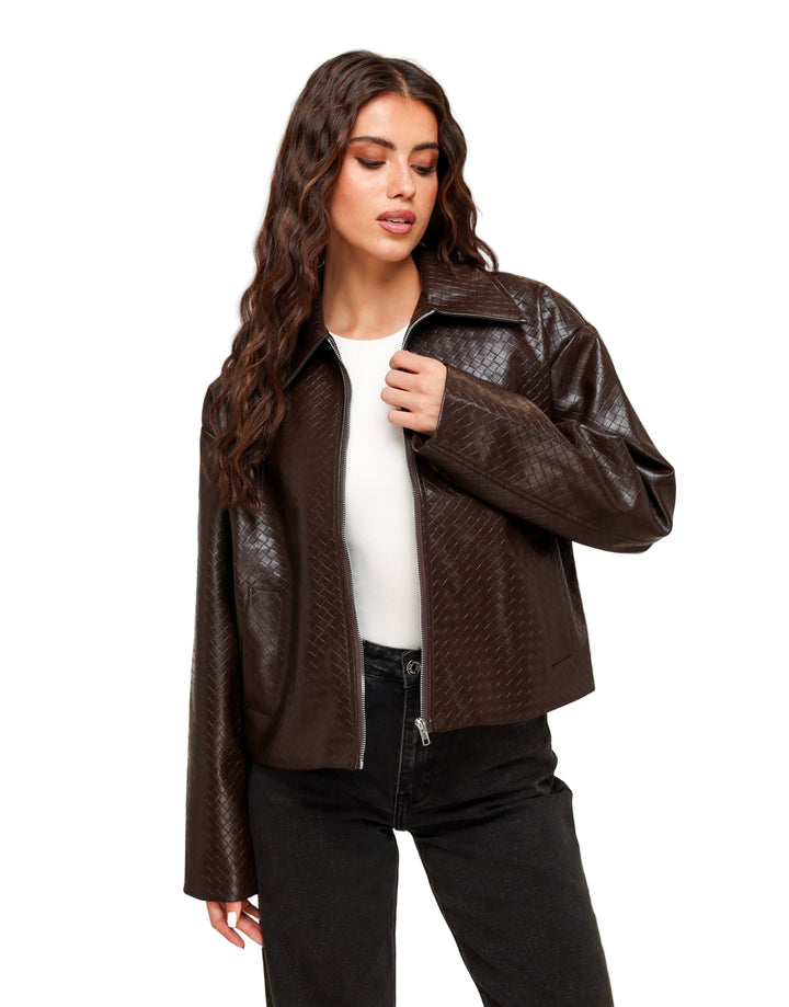 Clara - Giacca in Pelle PU con Motivo Marrone Scuro